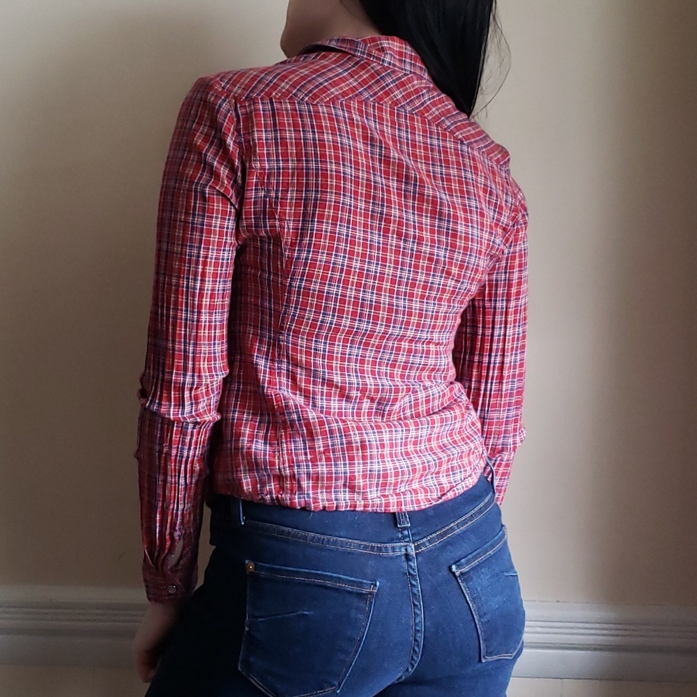 Kimchi Blue Red Plaid Western Button Down Top M - Picture 4 of 7